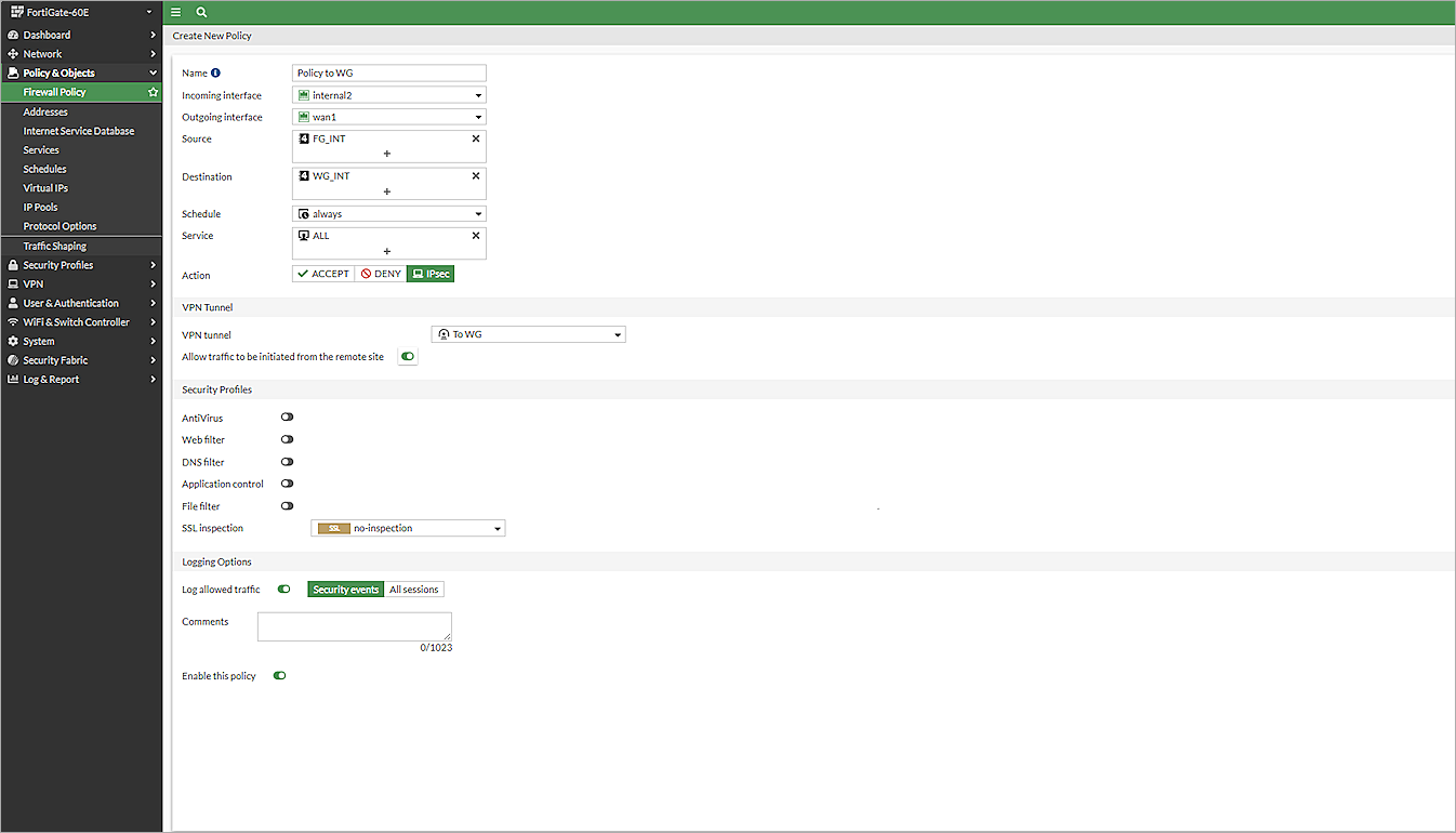 Screenshot of the Create New Policy page in the FortiGate Web UI